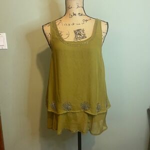 Jennifer Lopez Womens Earthy Boho Relaxed Beaded Babydoll Tunic Top Green Medium